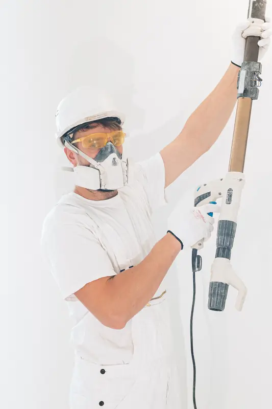 Handyman in protective gear using a power tool on an interior wall