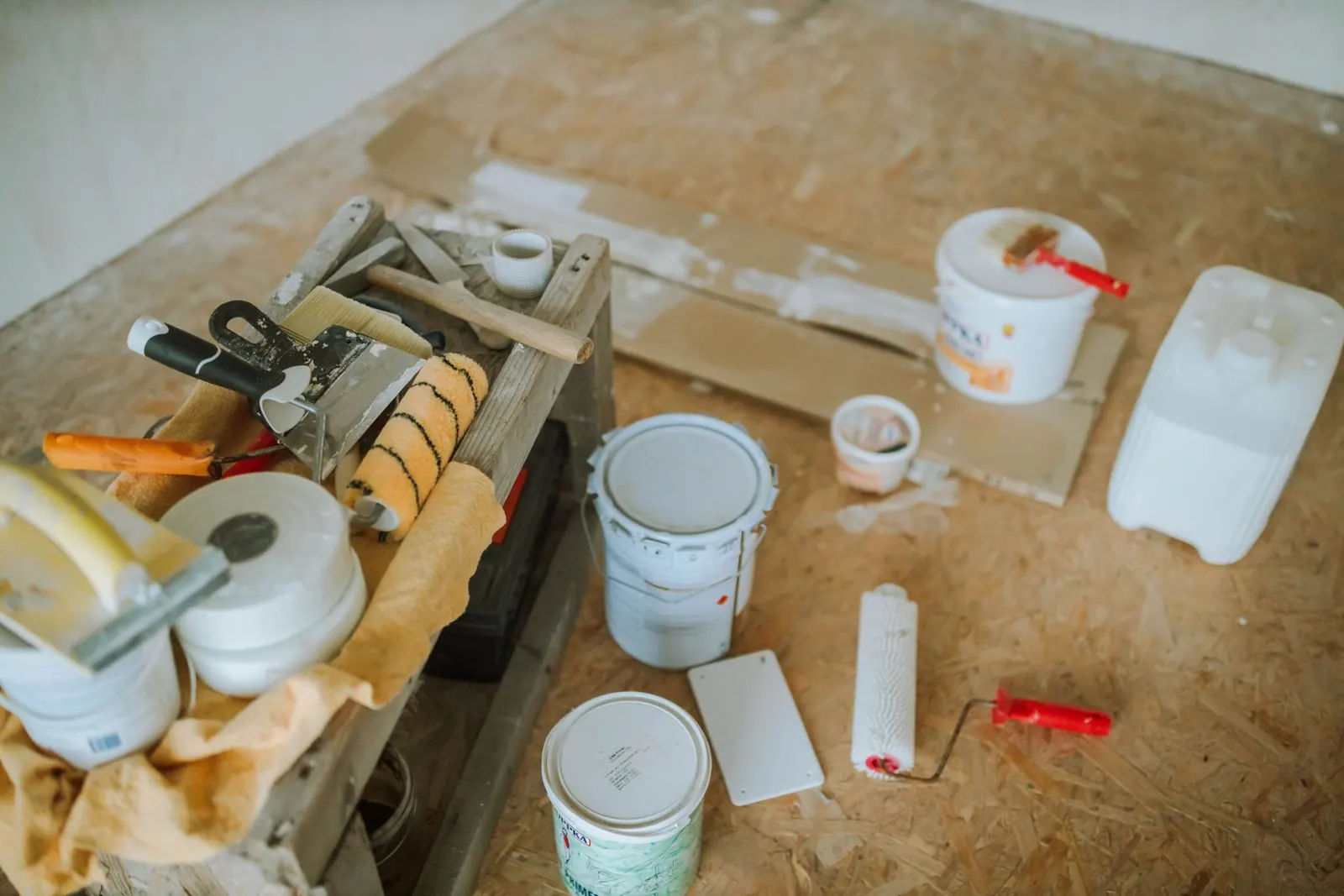 Overhead view of home improvement tools and supplies