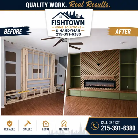 Before and after living room makeover with a slatted accent wall and built-ins