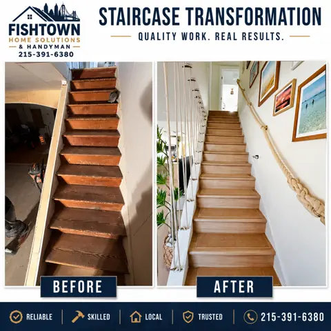 Before and after staircase transformation with refinished wood treads